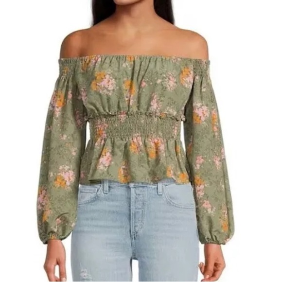 NWT! WAYF Off-the-Shoulder Floral Print Long Sleeve Smocked Crop Top SIZE S - Picture 1 of 12